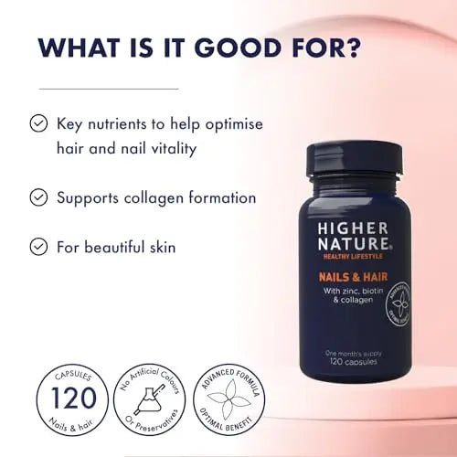 Higher Nature - Nails & Hair - Contains Zinc, Biotin & Collagen - Supports Beautiful Skin - 120 Capsules - AB Mystery