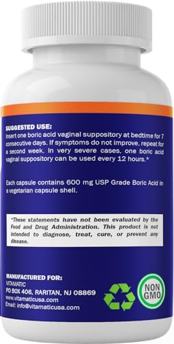 Vitamatic Boric Acid Vaginal Suppositories 600 mg USP Grade Boric Acid in Vegetarian Capsule Shell - 60 Count - AB Mystery