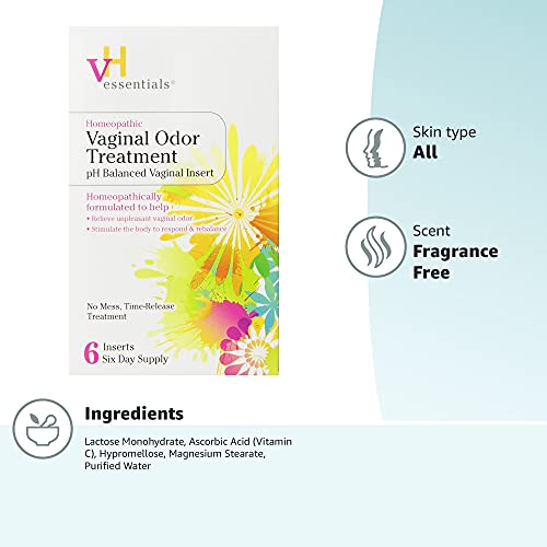 vH essentials Vaginal Odor Treatment - pH Balanced Vaginal Suppositories - 6 Tablets With Applicator, White - AB Mystery