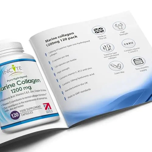 Marine Collagen 1200mg | 120 High Strength Collagen Capsules Hyaluronic Acid Supplements for Women & Men Incite Nutrition