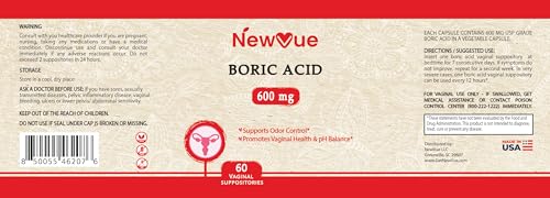NewVue Boric Acid Vaginal Suppositories (600mg, 60 Count) Supports Vaginal pH Balance, Odor Control (USP Medical Grade Fine Powder, Easy Dissolve, Third Party Tested, Made in USA) - AB Mystery