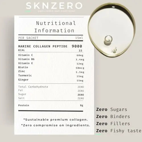 Marine Collagen Liquid 9000mg High Strength Supplement +Biotin, Vitamin B, C, E, Zinc & Turmeric & Ginger SKNZERO