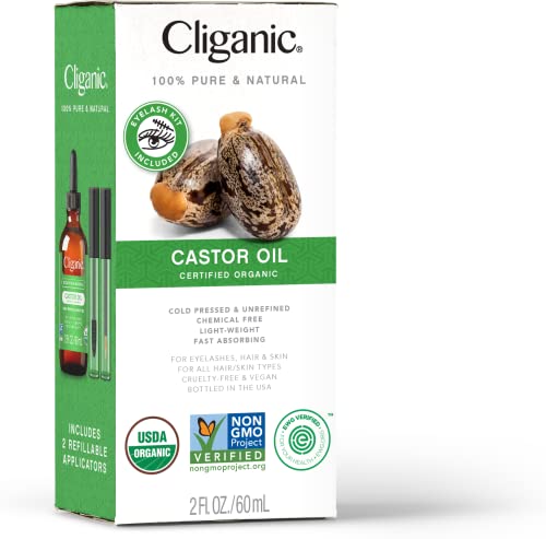 Cliganic Organic Castor Oil, 100% Pure (2oz with Eyelash Kit) - For Eyelashes, Eyebrows, Hair & Skin - AB Mystery