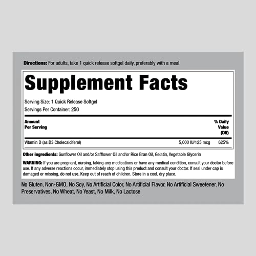 Piping Rock Vitamin D3 5000 IU | 250 Softgels | High Potency Supplement | Non-GMO - AB Mystery