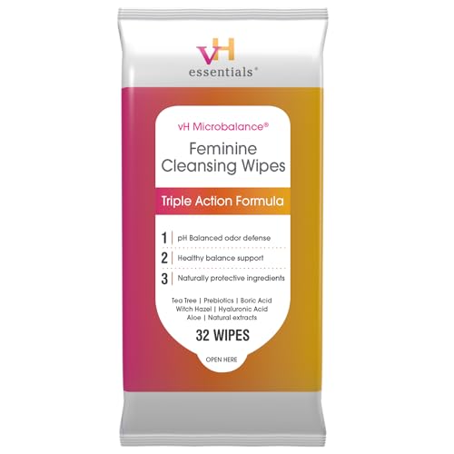 vH essentials Feminine Cleansing Wipes - pH Balanced, Prebiotics, Tea Tree & Aloe, Soothing Witch Hazel