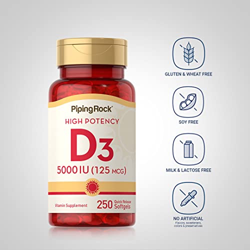 Piping Rock Vitamin D3 5000 IU | 250 Softgels | High Potency Supplement | Non-GMO - AB Mystery