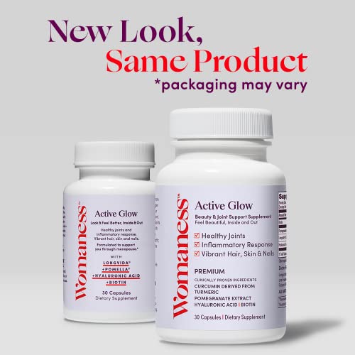 Womaness Active Glow Hair Skin and Nails Vitamins - Biotin, Longvida Curcumin & Hyaluronic Acid Womaness