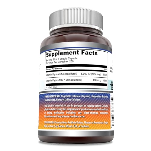 Amazing Formulas Vitamin D3 5000 IU with Vitamin K2 100 Mcg| 250 Veggie Capsules - AB Mystery