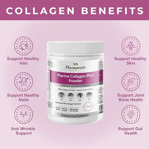 Pharmanostix Hydrolysed Marine Collagen Plus Powder 300g - 10,000mg Collagen with Hyaluronic Acid - AB Mystery