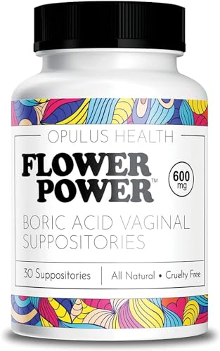 Flower Power Vegan Boric Acid Suppositories - 30 Capsules - 600mg for Vaginal Odor and pH Balance