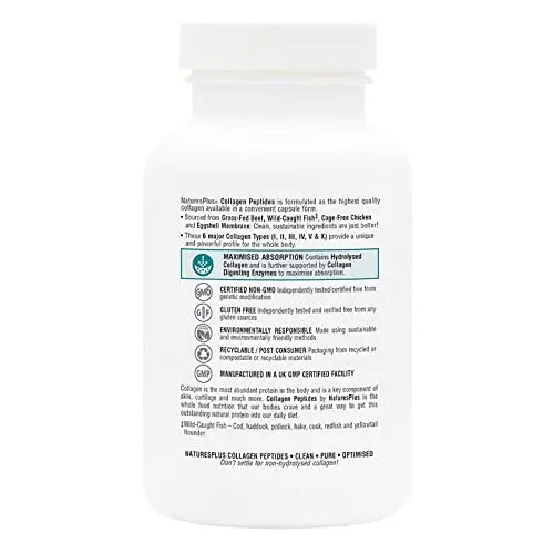 NaturesPlus Collagen Peptides Capsules - Premium Hydrolysed Collagen Supplement Type I, II, III, IV, V and X - Non-GMO, Gluten Free - 90 Capsules - AB Mystery