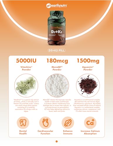 EarthNutri D3 + K2 Bone & Heart Health - 72 Trace Minerals, Vitamin D3 Vitashine, MENA - AB Mystery