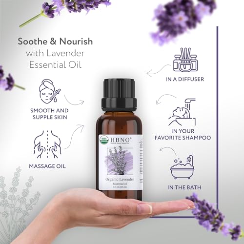 HBNO Organic Lavender Essential Oil - 1 oz (30ml) Value Size - USDA Certified Organic Lavender - AB Mystery
