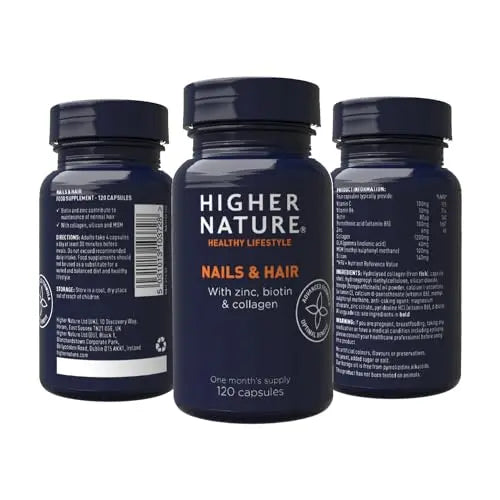 Higher Nature - Nails & Hair - Contains Zinc, Biotin & Collagen - Supports Beautiful Skin - 120 Capsules - AB Mystery