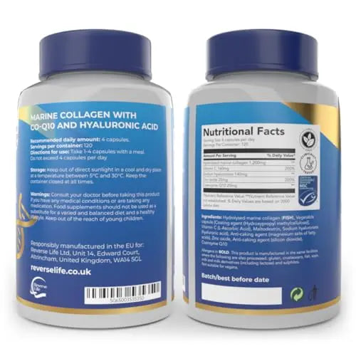 Reverse Life Marine Collagen Capsules 1200mg – with Hyaluronic Acid & Vitamin C + Q10 - AB Mystery