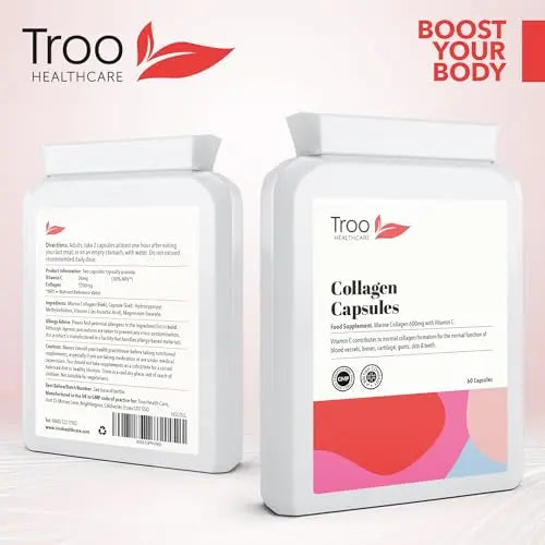 Troo Marine Collagen Supplement - 60 High Strength Capsules 1200mg Serving - Hydrolysed Marine Collagen Peptides with Vitamin C Troo Health Care