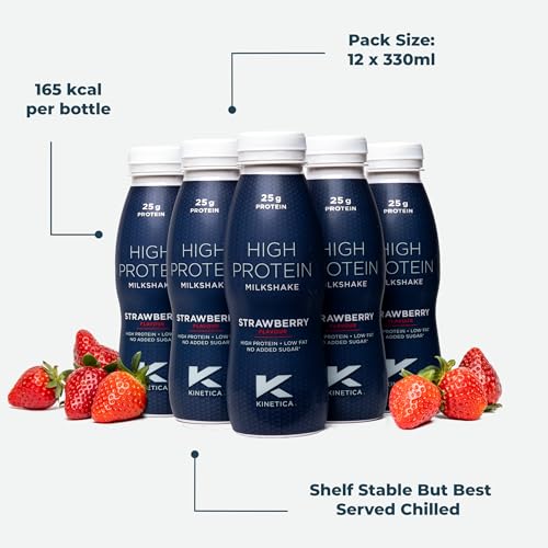 Kinetica Ready-to-Drink Protein Shake, 12 X 330mls, 165 cals, 25g Protein per Bottle, Low Fat (Strawberry) Kinetica