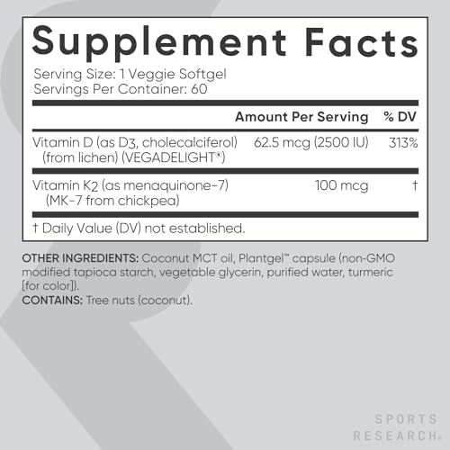 Sports Research Vitamin D3 K2 with Coconut MCT Oil | Vegan D3 2500iu (62.5mcg) - AB Mystery