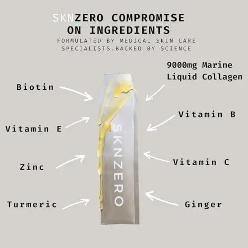 Marine Collagen Liquid 9000mg High Strength Supplement +Biotin, Vitamin B, C, E, Zinc & Turmeric & Ginger SKNZERO