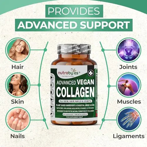 Vegan Collagen Supplement For Skin, Hair, Nails, Joints & Bones with Hyaluronic Acid, Biotin, Lysine, Bamboo Silica, Zinc, Vitamin C, D3, B12, E - AB Mystery