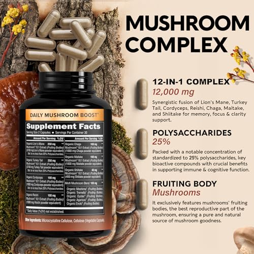 Mushroom Supplement - Organic Lion's Mane | Turkey Tail | Chaga | Cordyceps | Reishi - AB Mystery