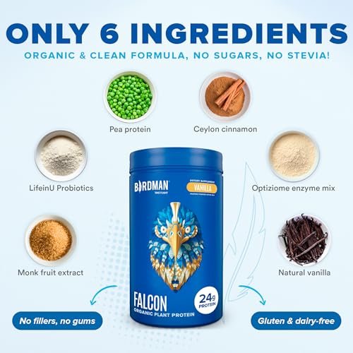 BIRDMAN Falcon Organic Vegan Protein Powder Vanilla, 24g Protein, Sugar Free, Probiotics - AB Mystery