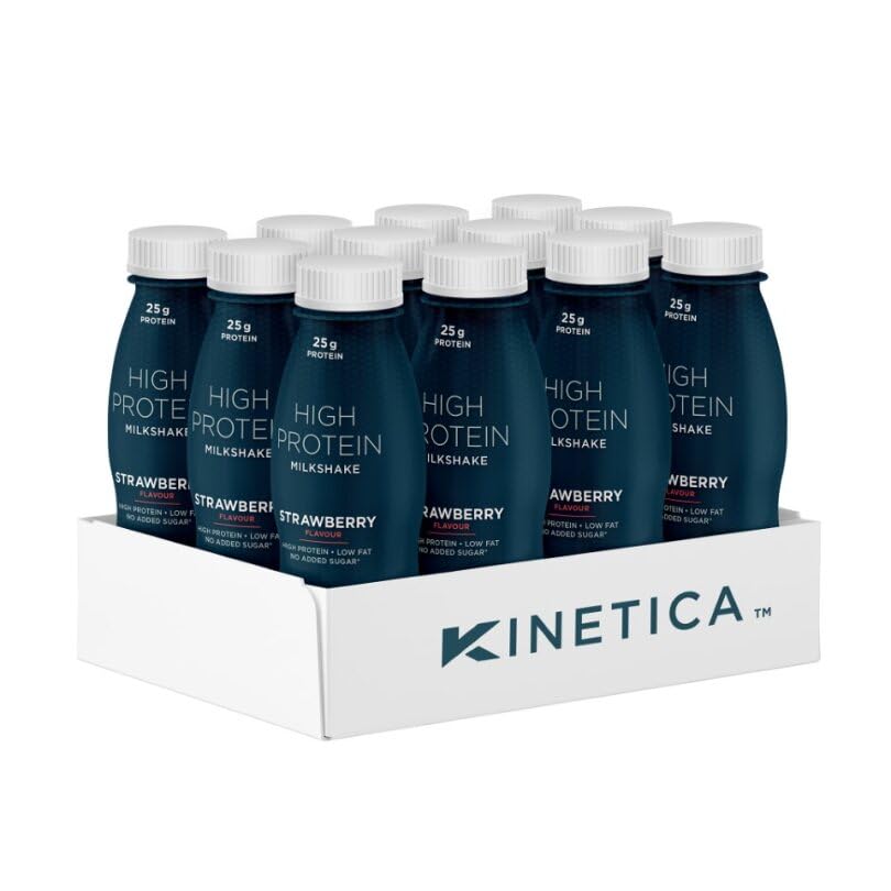 Kinetica Ready-to-Drink Protein Shake, 12 X 330mls, 165 cals, 25g Protein per Bottle, Low Fat (Strawberry) Kinetica