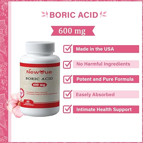 NewVue Boric Acid Vaginal Suppositories - 100% Pure Made in USA - Intimate Health Support (30 Count) - AB Mystery