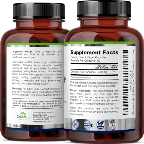 Zazzee Extra Strength Citicoline CDP Choline, 500 mg per Serving, 100 Vegan Capsules - AB Mystery