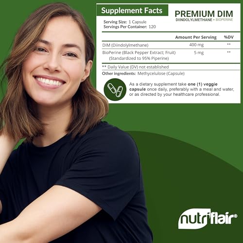NutriFlair DIM Supplement 400mg with Bioperine, 120 Capsules - Diindolylmethane - AB Mystery