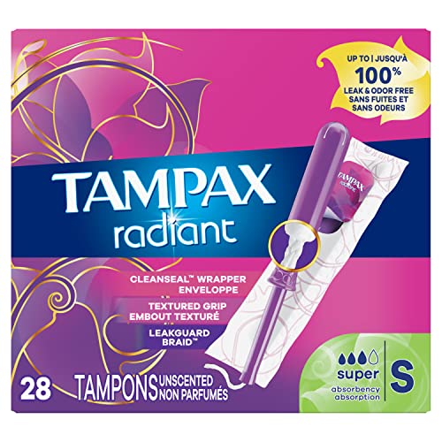 Tampax Radiant Tampons, Super Absorbency, With Leakguard Braid, Unscented, 28 Count - AB Mystery