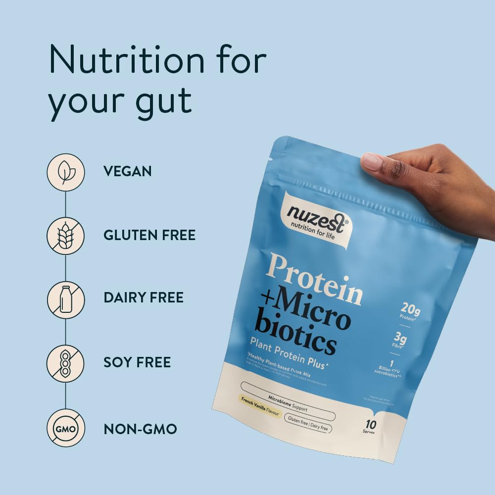 Nuzest - Protein + Microbiotics – Gut Health - Plant Protein Powder - French Vanilla, 300g (10 Servings) Nuzest