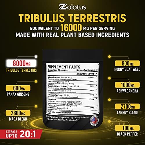 13in1 Tribulus Terrestris Capsules - 16000mg Per Serving with Maca, Horny Goat Weed - AB Mystery