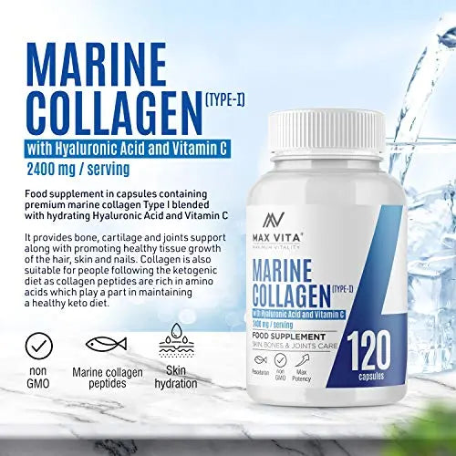 Marine Collagen Type 1 2400mg - 120 Capsules Supplement with Hyaluronic Acid and Vitamin C - AB Mystery