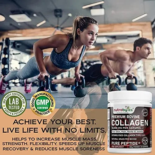 Pure Hydrolysed Collagen Powder 10000mg Bovine Type 1 & 3 Unflavoured|High Strength Protein Peptides for Women & Men NUTRABYTES