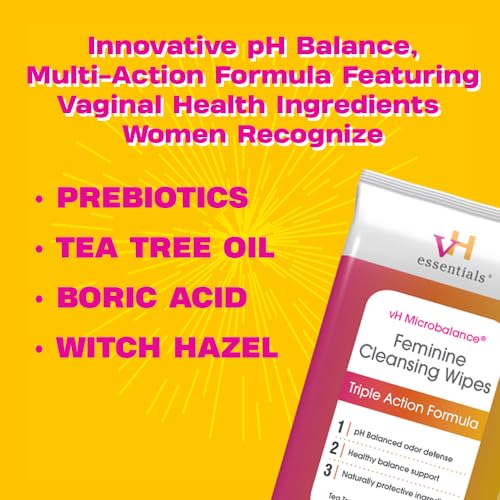 vH essentials Feminine Cleansing Wipes - pH Balanced, Prebiotics, Tea Tree & Aloe, Soothing Witch Hazel - AB Mystery
