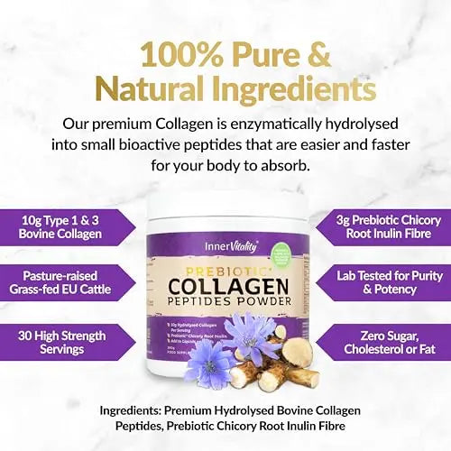 Prebiotic Collagen Powder - 390g Hydrolysed Bovine Collagen Peptides with Prebiotics for Gut Health & Skin Inner Vitality