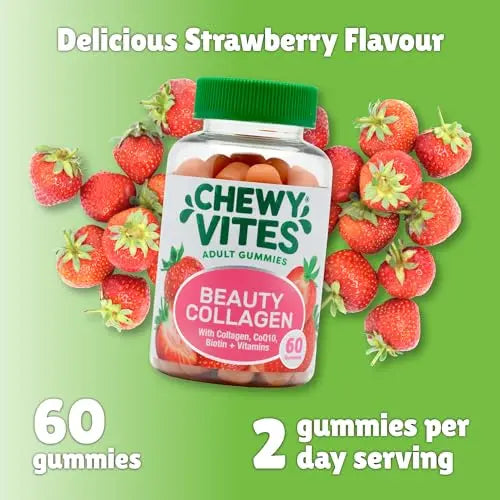 Chewy Vites Beauty Collagen 60 Gummy Vitamins |Hydrolised Collagen, CoQ10, Biotin + Vitamins | 1 Month Supply | Real Fruit Juice | Berry Flavour | 2-a-Day | - AB Mystery