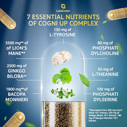 LetaGreen Organic Lions Mane Supplement Capsules - 120 Real Mushrooms Lion's Mane - AB Mystery