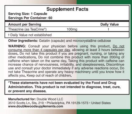 Theacrine (Teacrine) 100 Mg, 60 Capsules - Energy and Focus Supplement (Similar to Caffe - AB Mystery