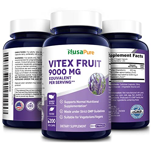 NusaPure Vitex Chasteberry Fruit 20:1 Extract 9,000 mg -200 Veggie Caps 200 Days Supply - AB Mystery