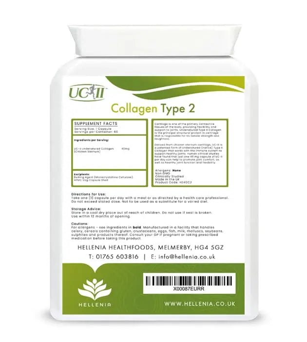 UC-II® Collagen Type 2-40mg - 60 Capsules | Joint Support | Manufactured in The UK Hellenia