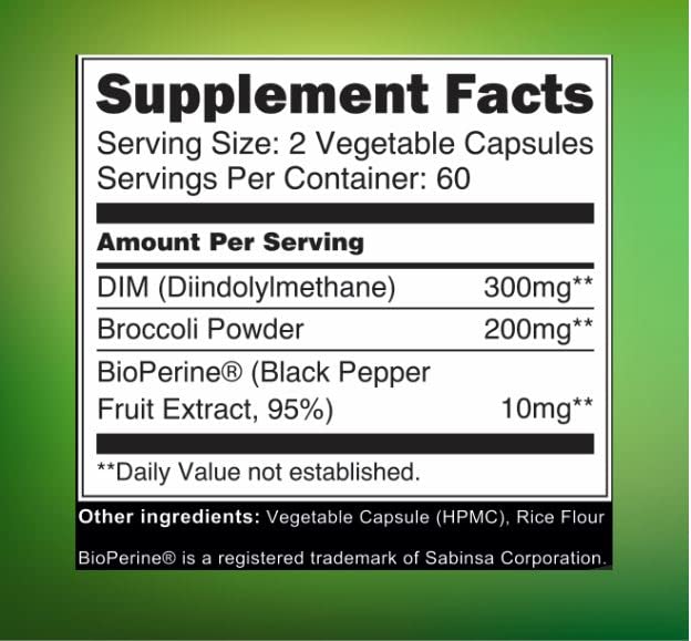 DIM Supplement 300mg with Broccoli 200mg BioPerine 10mg-Hormone and Estrogen Balance - AB Mystery