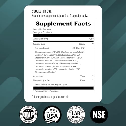 UpNourish Probiotics - 200 Billion CFUs, 15 Strains, Prebiotics & Enzymes - 60 Vegan Cap - AB Mystery