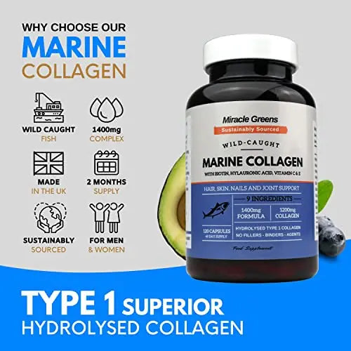 Marine Collagen 1400mg | 120 Capsules with Biotin, Hyaluronic Acid, Vitamin C, E, B2, Zinc, Copper & Iodine Miracle Greens