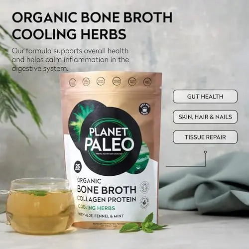 Planet Paleo Organic Bone Broth - Cooling Herbs (450g, 50 Servings) Organic, Grass Fed, High Protein - AB Mystery