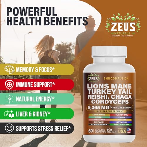 Zeus Naturals Lions Mane Capsules, Mushroom Supplement with Turkey Tail, Cordyceps - AB Mystery