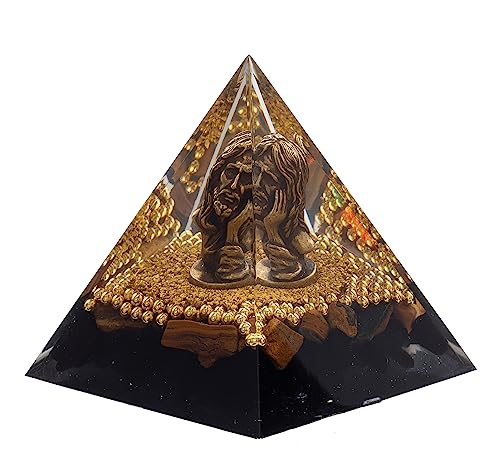 FENGSHUI-CAISHEN Mini Jesus Figurine in Healing Crystal Orgone Pyramid - Obsidian Tiger's Eye - AB Mystery