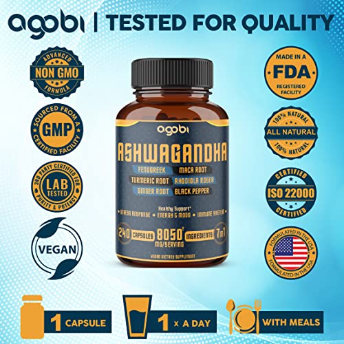 240 Capsules - 8 Month Supply - 7in1 Ashwagandha 8050mg - Combined With Fenugreek - AB Mystery