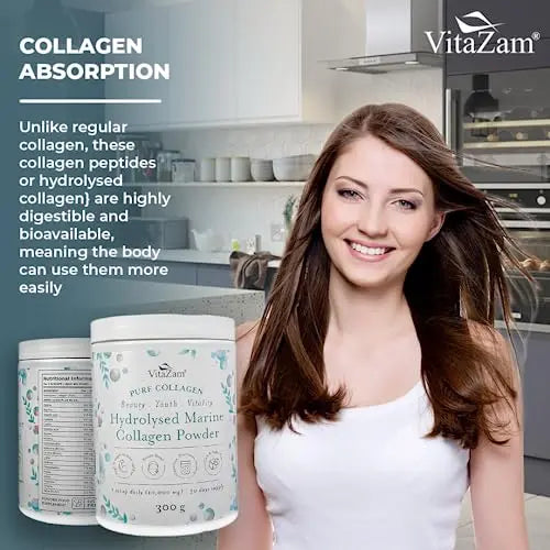 Vitazam Pure Marine Collagen Powder - 100% Hydrolysed Collagen Peptides for Hair Skin and Nails - AB Mystery